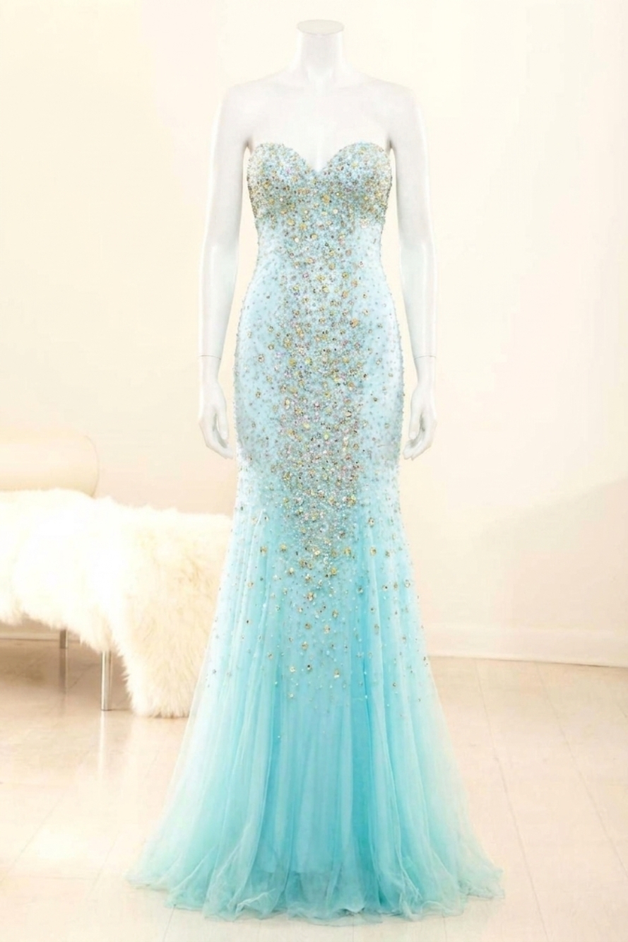 NEW TERANI COUTURE strapless beaded prom dress in aqua